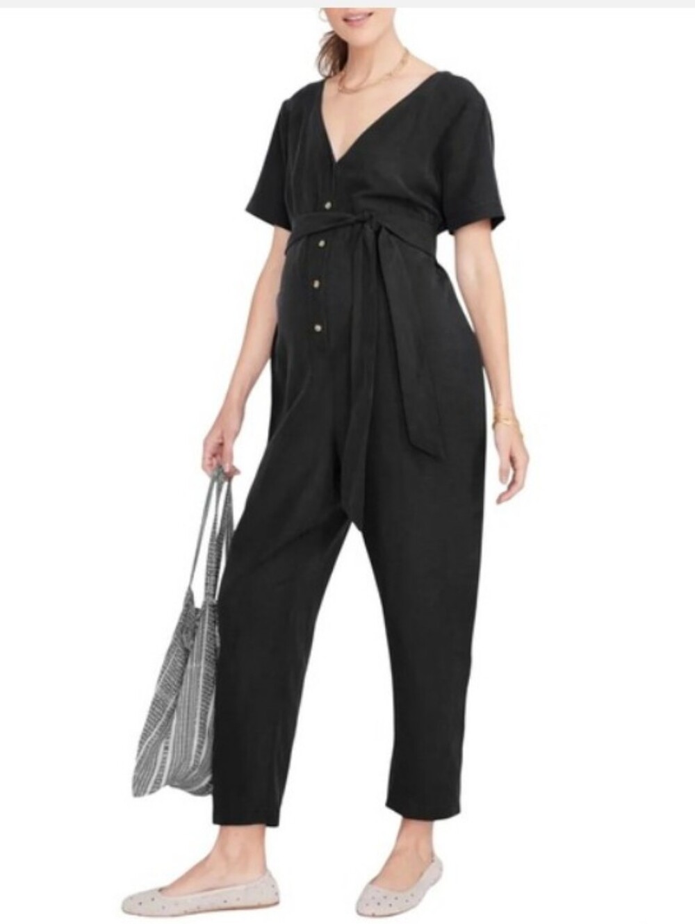 HATCH Collection The Noelle Maternity Jumpsuit Black Linen Blend Size 4